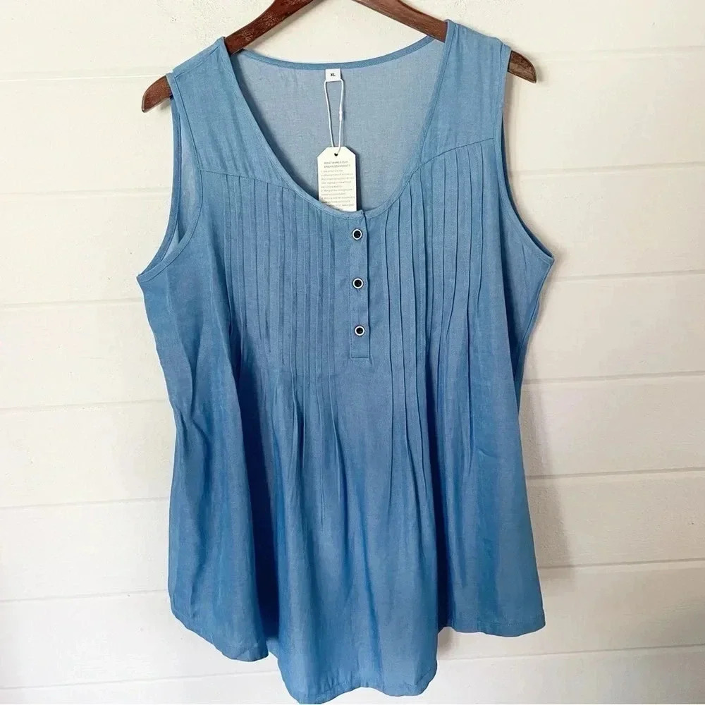 NWT Made with Love Blue Pintuck Sleeveless Henley Top Size XL